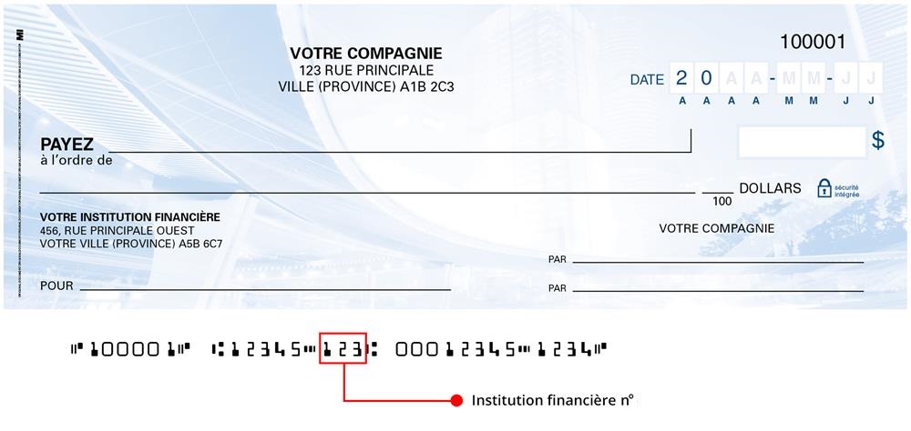 Il s’agit d’un numéro à trois chiffres qui se situe au bas de votre chèque et qui désigne l’institution financière où se trouve votre compte.